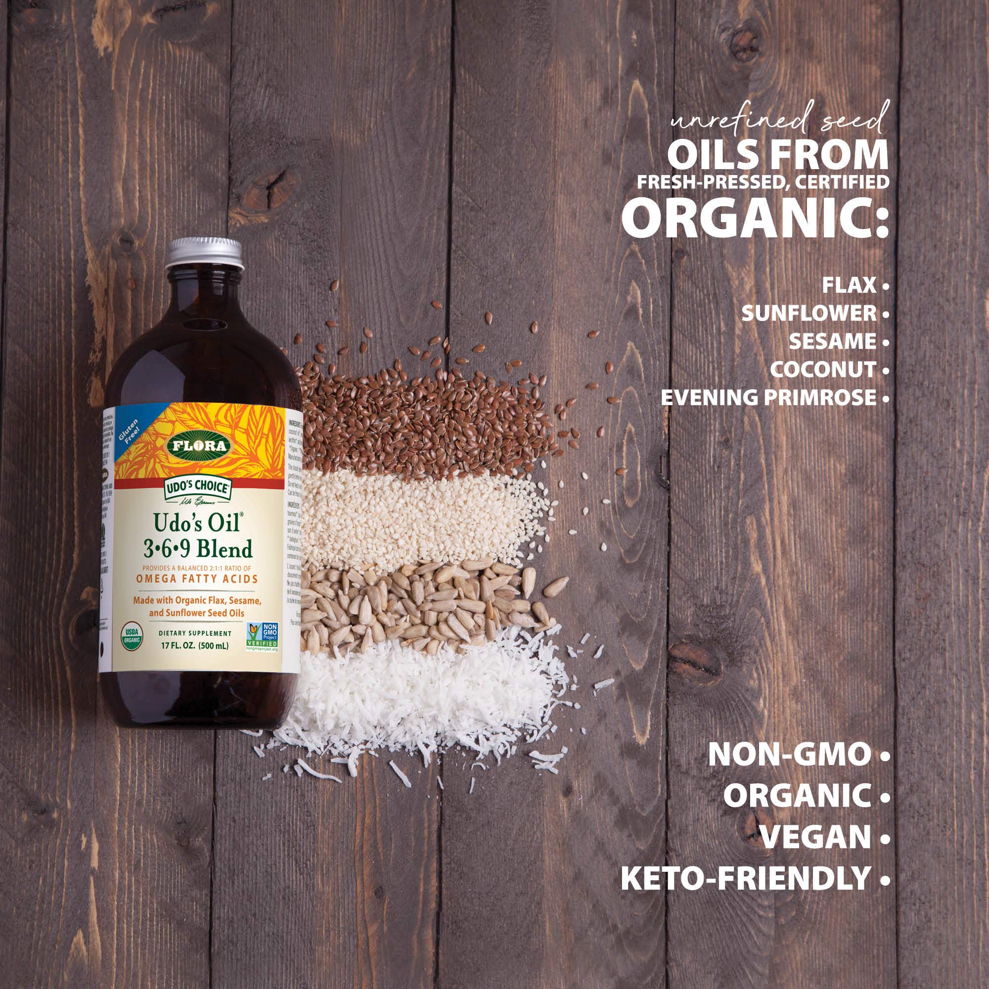Flora - Udo's Choice Omega 369 Oil Blend, Made with Organic Flax, Sesame & Sunflower Seed Oils, Plant-Based Vegan Omega Fatty Acids, Based on Ideal 2:1:1 Ratio, 8.5-fl. oz. Glass Bottle