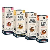 Bare Bones Bone Broth Instant Powdered Mix, Variety Pack, 4 Ramen, 4 Mushroom, 4 Lemon Ginger and 4 Thai Coconut, 15g Sticks, 10g Protein, Keto & Paleo Friendly Bone Broth Packets, 16 Total Servings