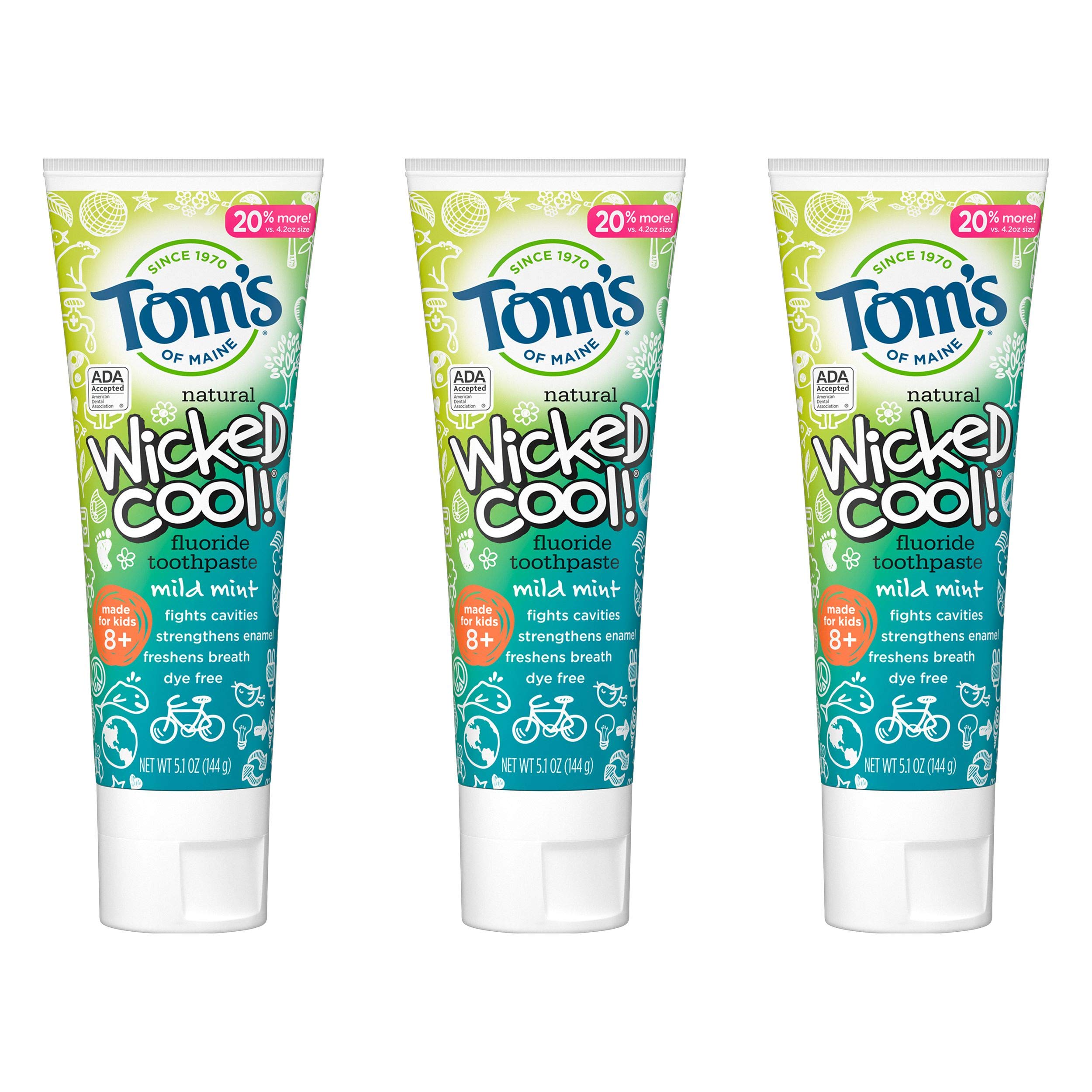 Tom's of Maine Kids Toothpaste, Fluoride, Natural, Children, Teen, Wicked Cool! Mild Mint,Dye Free, No Artificial Preservatives, 2+ years, ADA Approved, 5.1 oz. 3-Pack