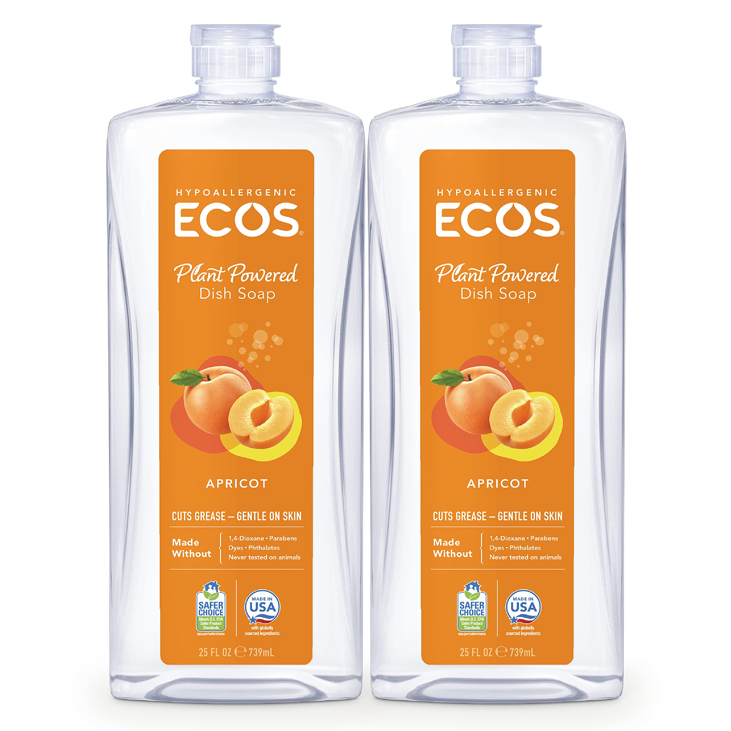 ECOS® Hypoallergenic Dish Soap, Natural Apricot, 25 Fl Oz (Pack of 2)