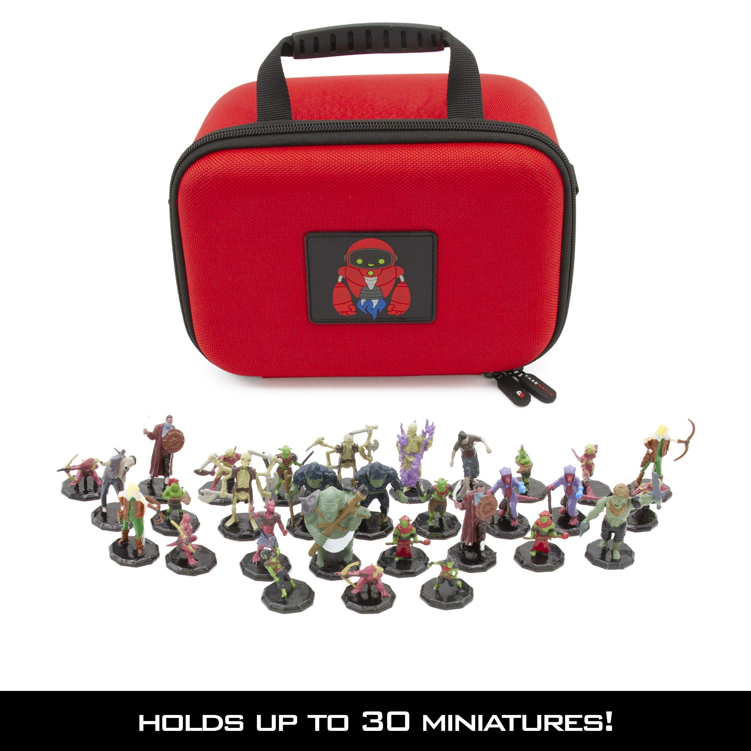 CASEMATIX Miniature Storage Hard Shell Figure Case - 30 Slot Figurine Carrying Case with Adjustable Shoulder Strap and Accessory Storage for Warhammer 40k, DND and More, Red