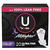 U by Kotex AllNighter Extra Heavy Overnight Feminine Pads with Wings, Ultra Thin, 20 Count