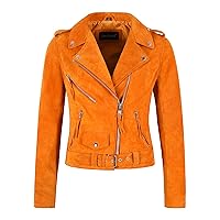 Ladies NEW BRANDO Leather Jacket Tangerine Suede Fitted Biker Motorcycle Style
