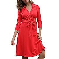 Aphratti Women's 3/4 Sleeve Spring Dress Wide Collar V Neck Faux Wrap Jersey Aline Casual Work Dresses