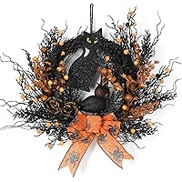 Halloween Black Cat Wreaths for Front Door, 22 Inch Natural Vines Wreath with Black Cat Rose Owl and Berry, Spooky Halloween Wreaths for Front Door Home Party Outside Decoration (Black and Orange)