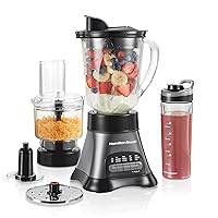 Blender for Shakes and Smoothies & Food Processor Combo, With 40oz Glass Jar, Portable Blend-In Travel Cup & 3 Cup Electric Food Chopper Attachment, 700 Watts, Gray & Black (58163)
