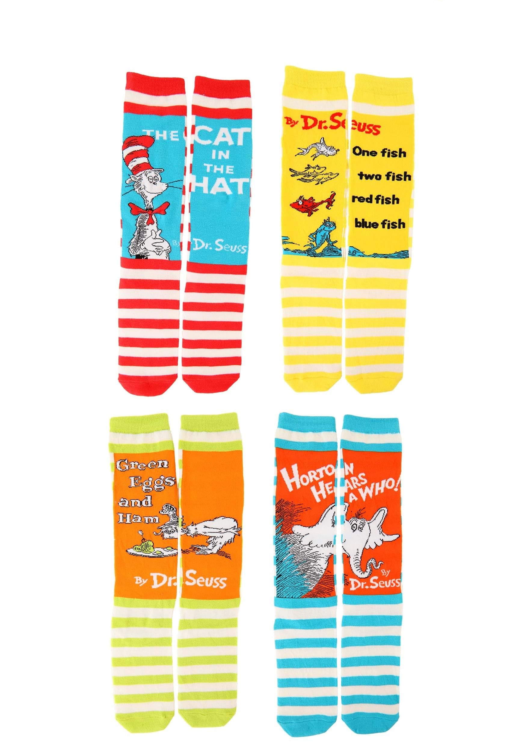 elope Dr. Seuss Knee High Sock Set - Mix and Match Striped Designs, Representing Iconic Books, Stretch Knit Fabric, Adult