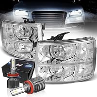DNA MOTORING HL-OH-CSIL07-CH-CL1-CFS-H8 Chrome Housing Headlights Compatible with 07-13 Chevy Silverado 1500 Pair 10000 Lumens H8 / H9 / H11 LED Bulbs Included