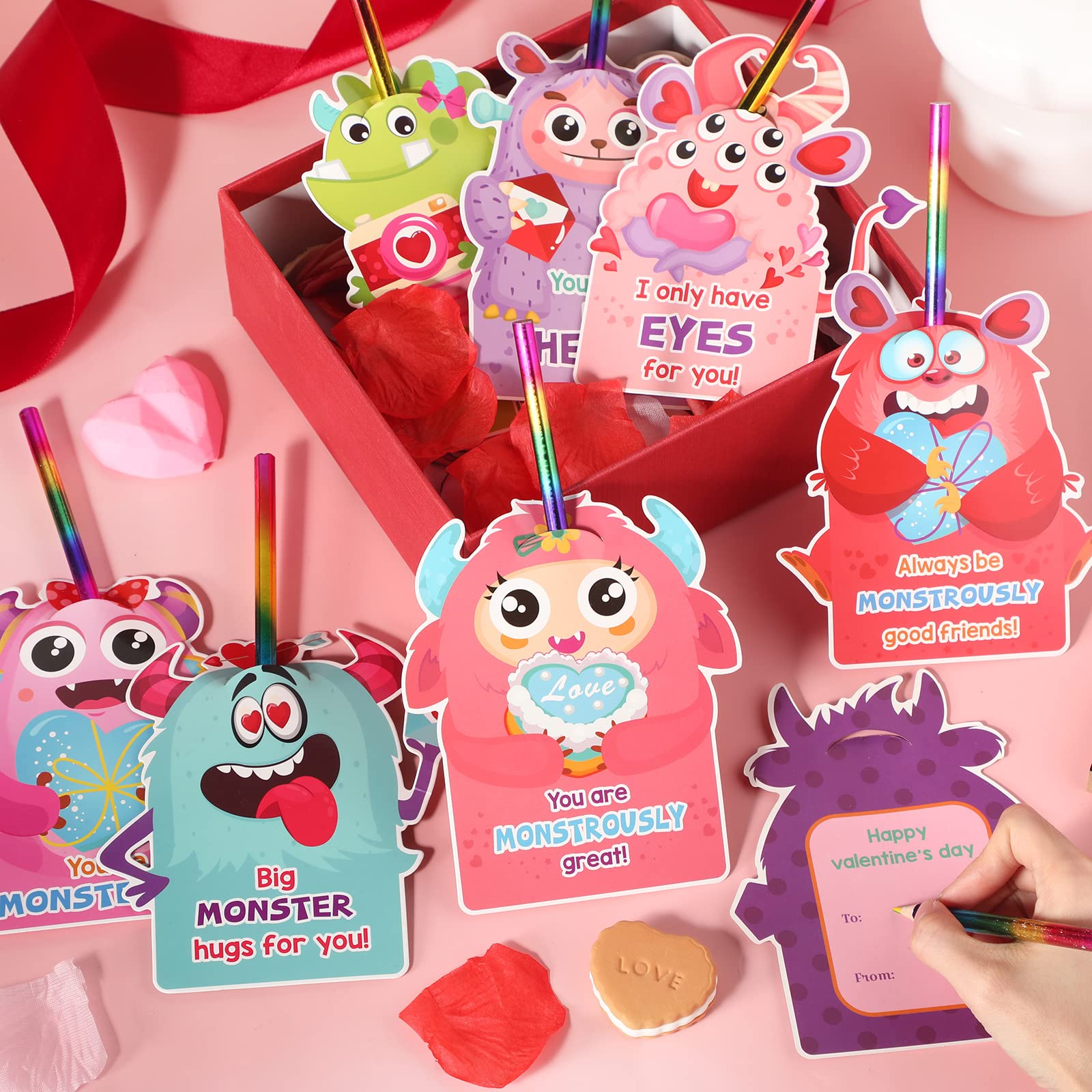 24 Pack Valentines Cards with Rainbow Pencil for Kids Monster Valentines Day Cards Pencils Valentine Cards Party Favor Toys for Girls Boys School Classroom Exchange Gifts Prizes Supplies