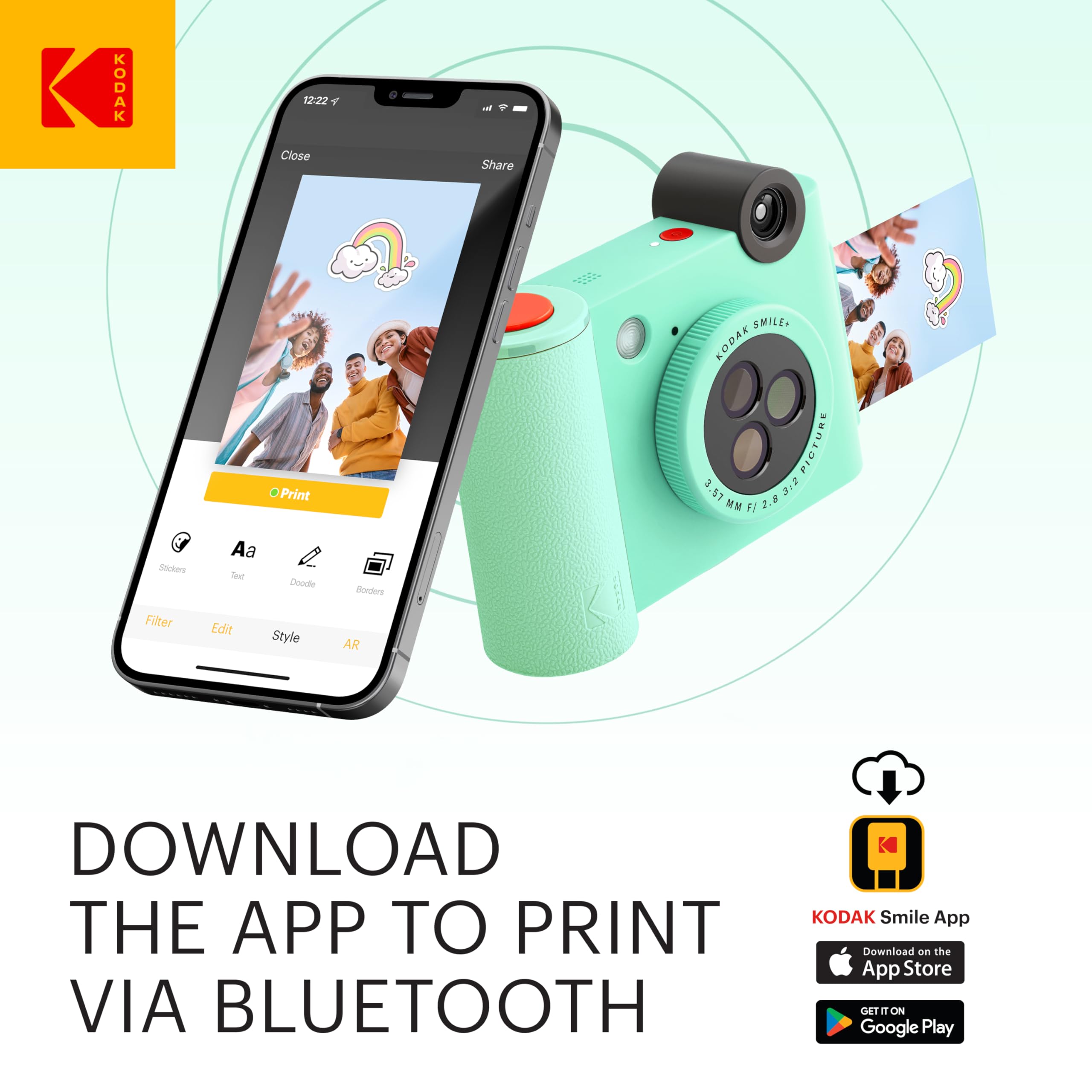 KODAK Smile+ Wireless Digital Instant Print Camera with Effect-Changing Lens, 2x3” Sticky-Backed Photo Prints, and Zink Printing Technology, Compatible with iOS and Android Devices - Green