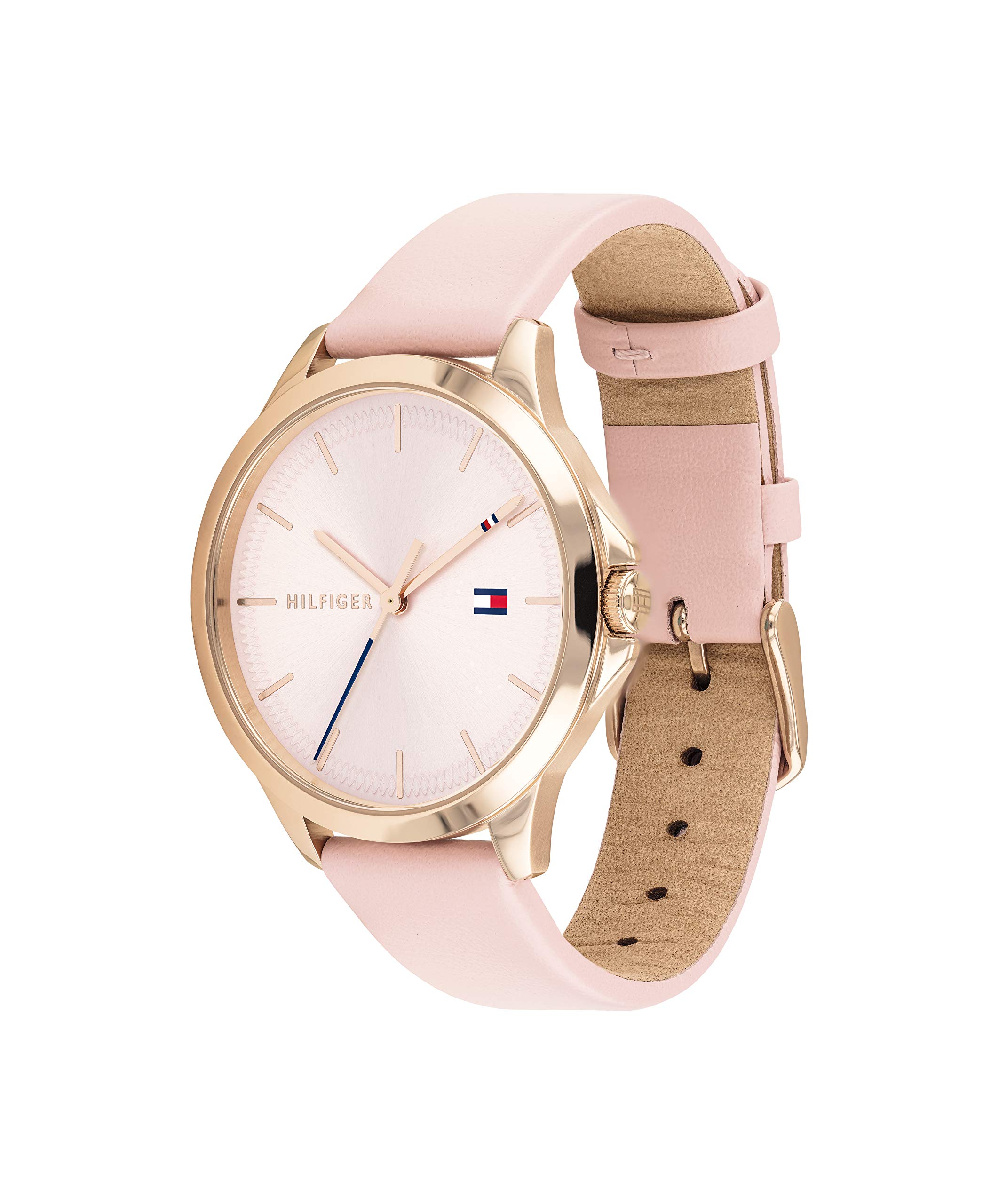 Tommy Hilfiger Women's Stainless Steel Quartz Watch with Leather Calfskin Strap, Pink, 17 (Model: 1782090)