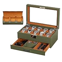 10 Slot Leather Watch Box with Matching 3 Slot Watch Roll - Luxury Watch Case Display Organizer Microsuede Liner, Locking Mens Jewelry Watches Holder, Men's Storage Boxes Holder Glass Top Green/Tan