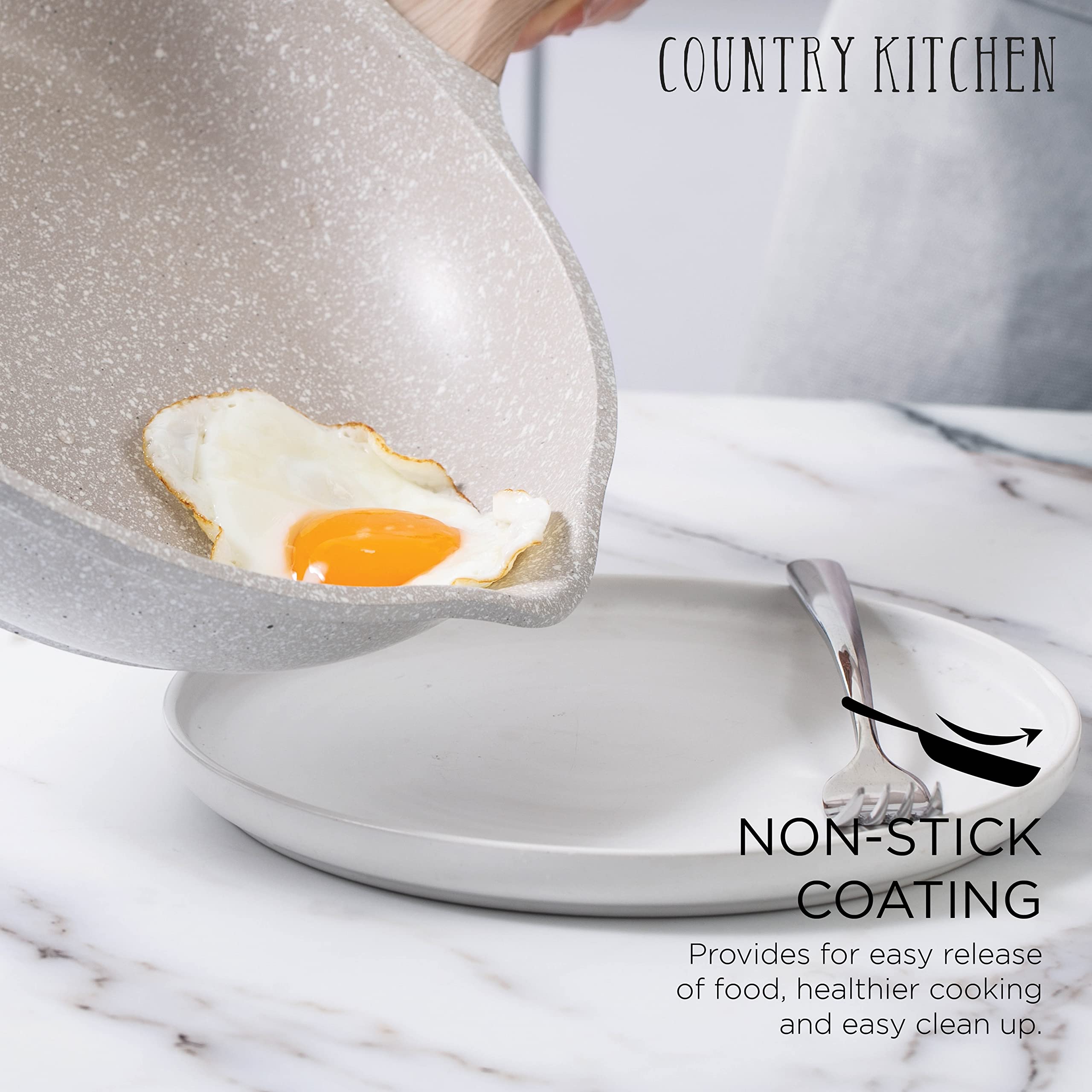 Country Kitchen Nonstick Induction Cookware Sets - 8 Piece Nonstick Cast Aluminum Pots and Pans with BAKELITE Handles - Non-Toxic Pots and Pans- Speckled Cream with Light Wood Handles