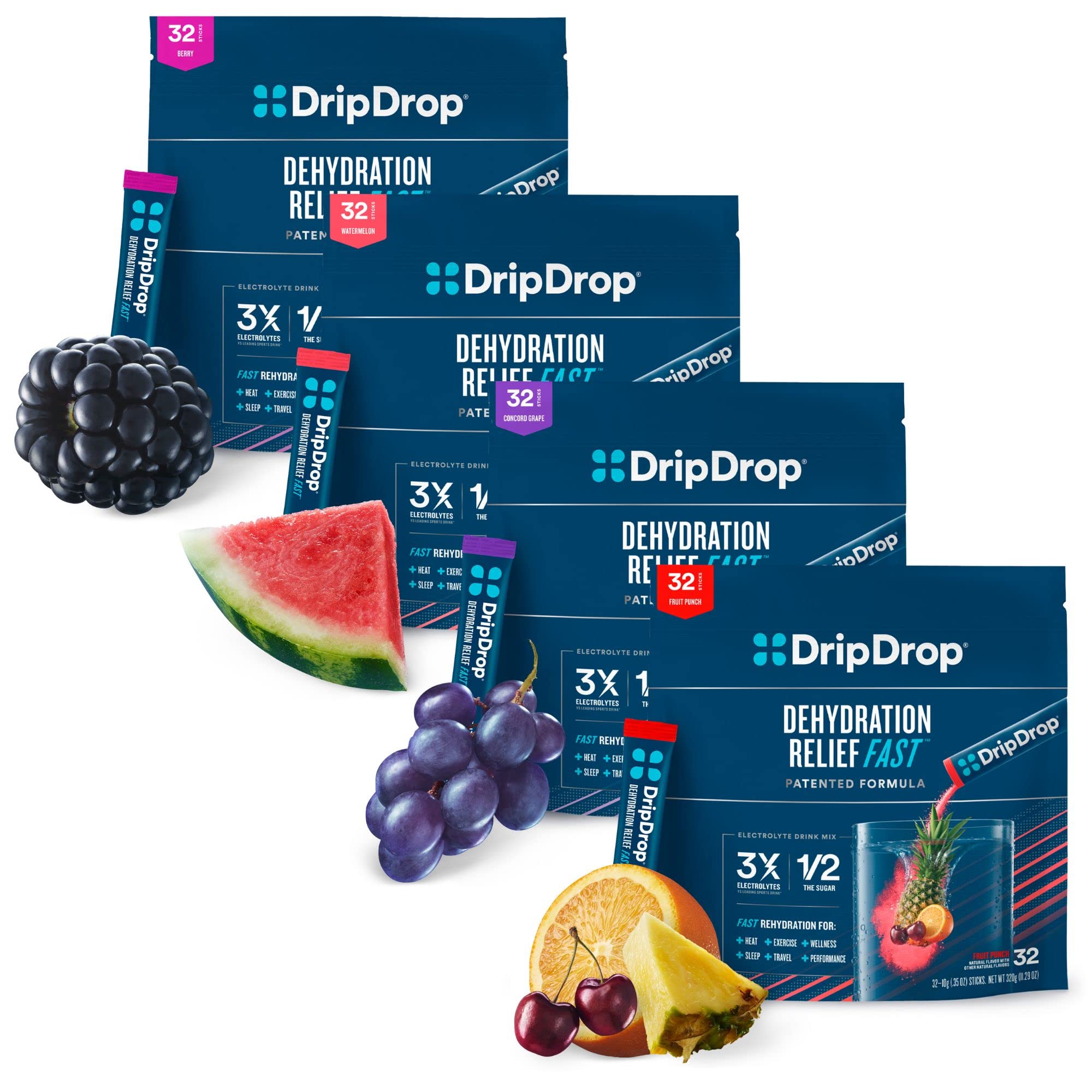 DripDrop Hydration - Electrolyte Powder Packets - Watermelon, Berry, Fruit Punch, Grape - 128 Count