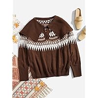 Plus Size Women for Sweater - Plus Geo Pattern Sailor Collar Sweater (Color : Chocolate Brown, Size : 3X-Large)