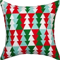 Brvsk Winter Embroidery Kit for Adults and Beginners — Christmas Trees Pattern 16″ × 16″ with Clear, Precise Printed Design on Cotton Canvas; Includes 2 Needles, Yarn, and Easy-Read Chart