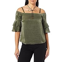 A. Byer Women's Off The Shoulder Double Ruffle Sleeve Satin Top, Olive, M