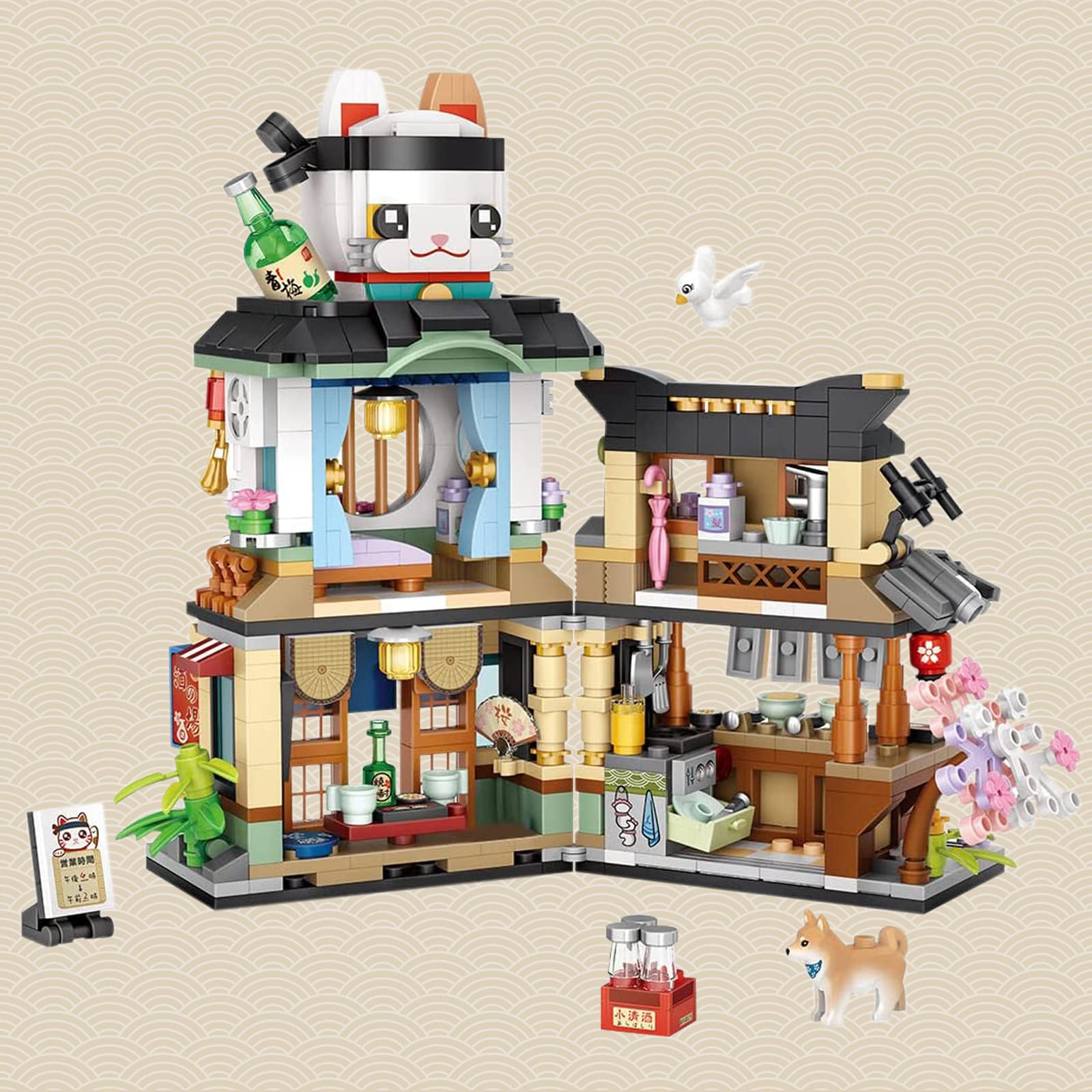 QLT Japanese Street View Izakaya Shop Mini Building Blocks, MOC Creative Model Set, 789 PCS Simulation Architecture Construction Toy (Not Compatible with Japanese Blocks)