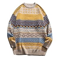 PEHMEA Men's Vintage Striped Sweater Oversized Knitted Pullover Crewneck Long Sleeve Colorblock Jumper Tops