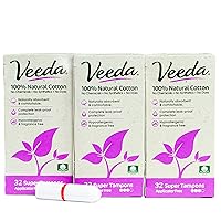 Veeda 100% Natural Cotton Applicator Free Super Tampons, Chlorine and Toxin Free, Unscented, 96 Count