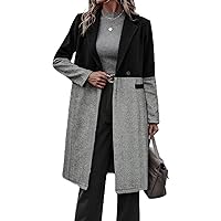 Coat For Women - Colorblock Herringbone Double Button Overcoat