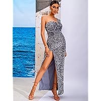 Women's Dress Dresses for Women One Shoulder Split Thigh Sequins Dress Dresses for Women (Color : Silver, Size : X-Small)