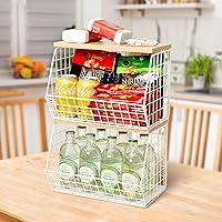 Fruit Basket, 2-Tier Fruit Bowl for Kitchen Counter, Stackable Wall Mounted Fruit Storage, Snack Organizer, Potato and Onion Storage Basket, Hanging Pantry Storage with Wood Lid, 2 Set, White