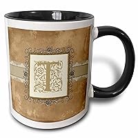 3D Rose T Initial Vintage Elegant Vines and Flowers in Sepia and Pewter Look Two Tone Ceramic Mug, 11 oz, Black