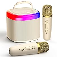 JYX Mini Karaoke Machine, Portable Bluetooth Karaoke Speaker Unpowered Cabinets with 2 Wireless Microphones and Party Lights for Kids and Adults, Birthday Gifts for Girls Boys Family Home Party(Beige)