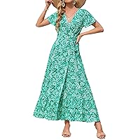 ZESICA Women's 2024 Bohemian Floral Printed Wrap V Neck Short Sleeve Split Beach Party Maxi Dress