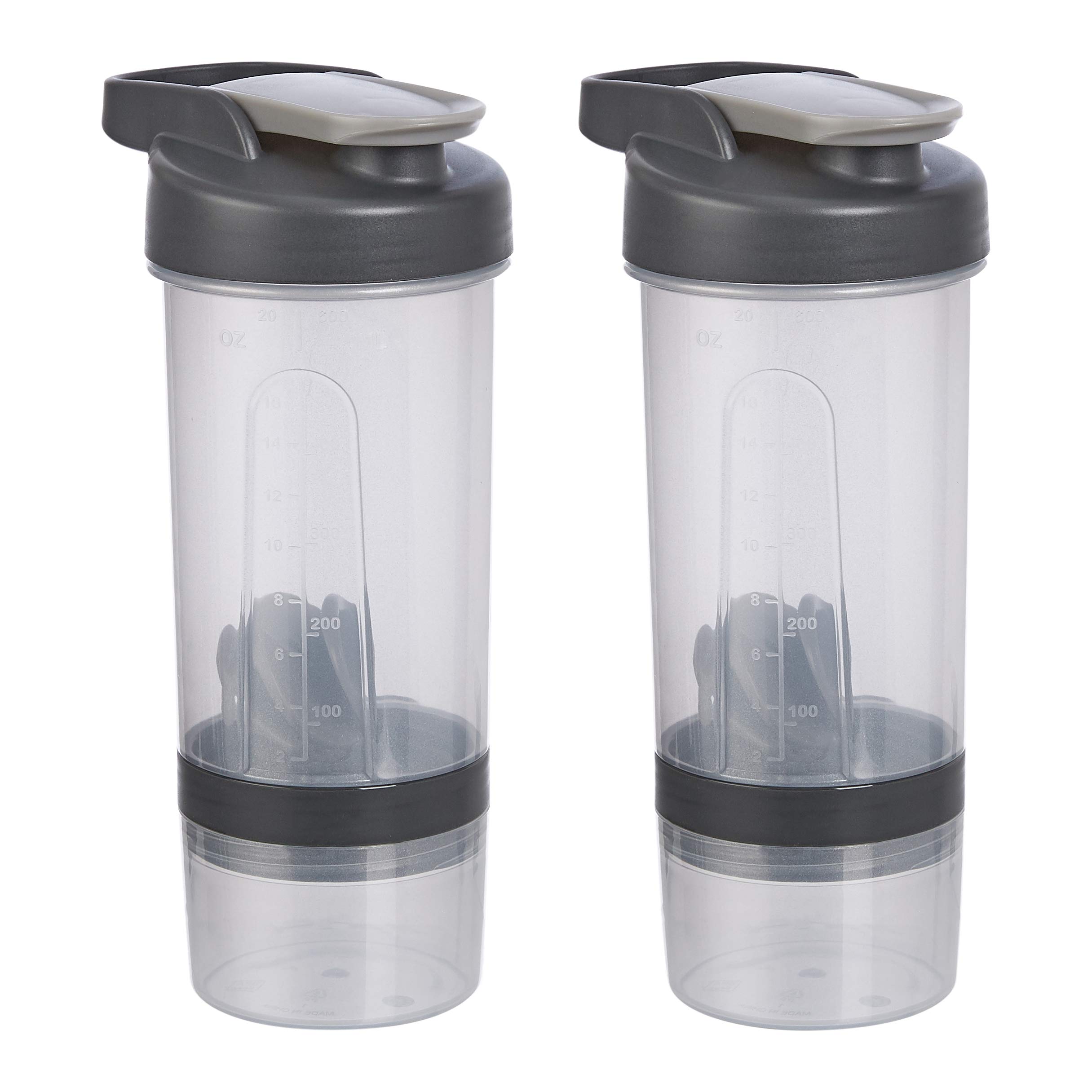 Amazon Basics Shaker Bottle with Mixer Ball, 20 Ounce, 2 Pack, Gray