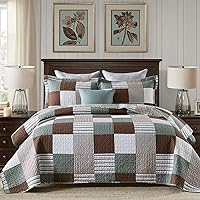 Finlonte Quilts Queen Size - 100% Cotton Queen Comforter Set Brown Green White Plaid Farmhouse Quilt Bedding Set, Reversible Lightweight Soft Bedspread, Quilted Coverlet All-Season, 3-Piece
