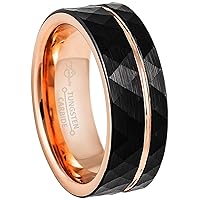 2-Tone Men's Tungsten Ring Black & Rose Gold Hammered Finish Pipe Cut Faceted Tungsten Carbide Wedding Band 8MM