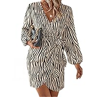 Dresses for Women - Zebra Striped Print Lantern Sleeve Knot Side Wrap Dress