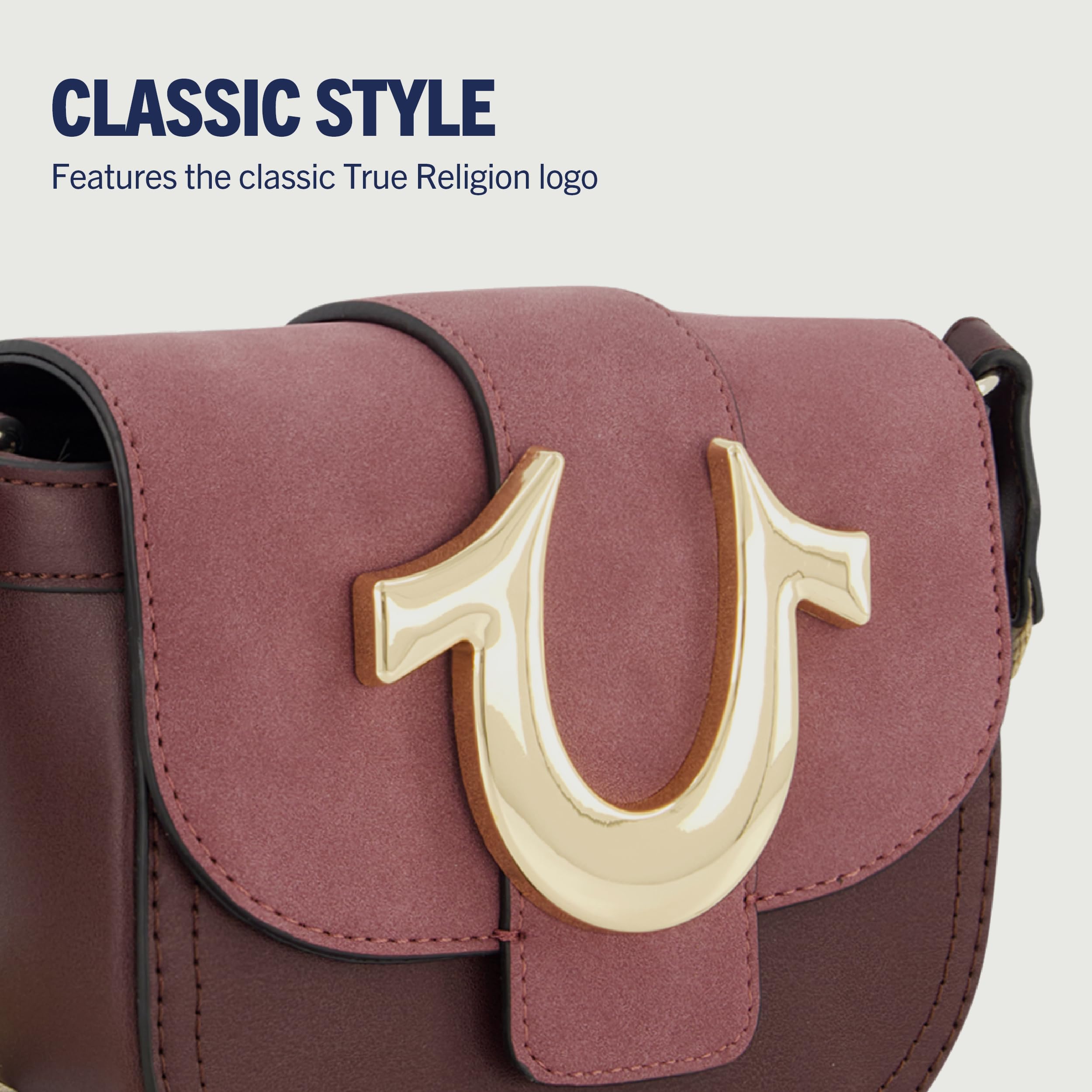 True Religion Women's Crossbody Bag, Suede Mini Flap Adjustable Shoulder Handbag with Horseshoe Logo, Wine