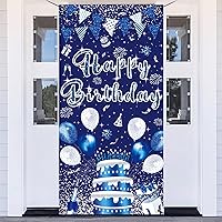 3x6ft Blue Silver Birthday Door Banner Navy Blue Glitter Sequin Happy Birthday Background Cake Balloons Gifts Backdrops Kids Celebration Party Decor