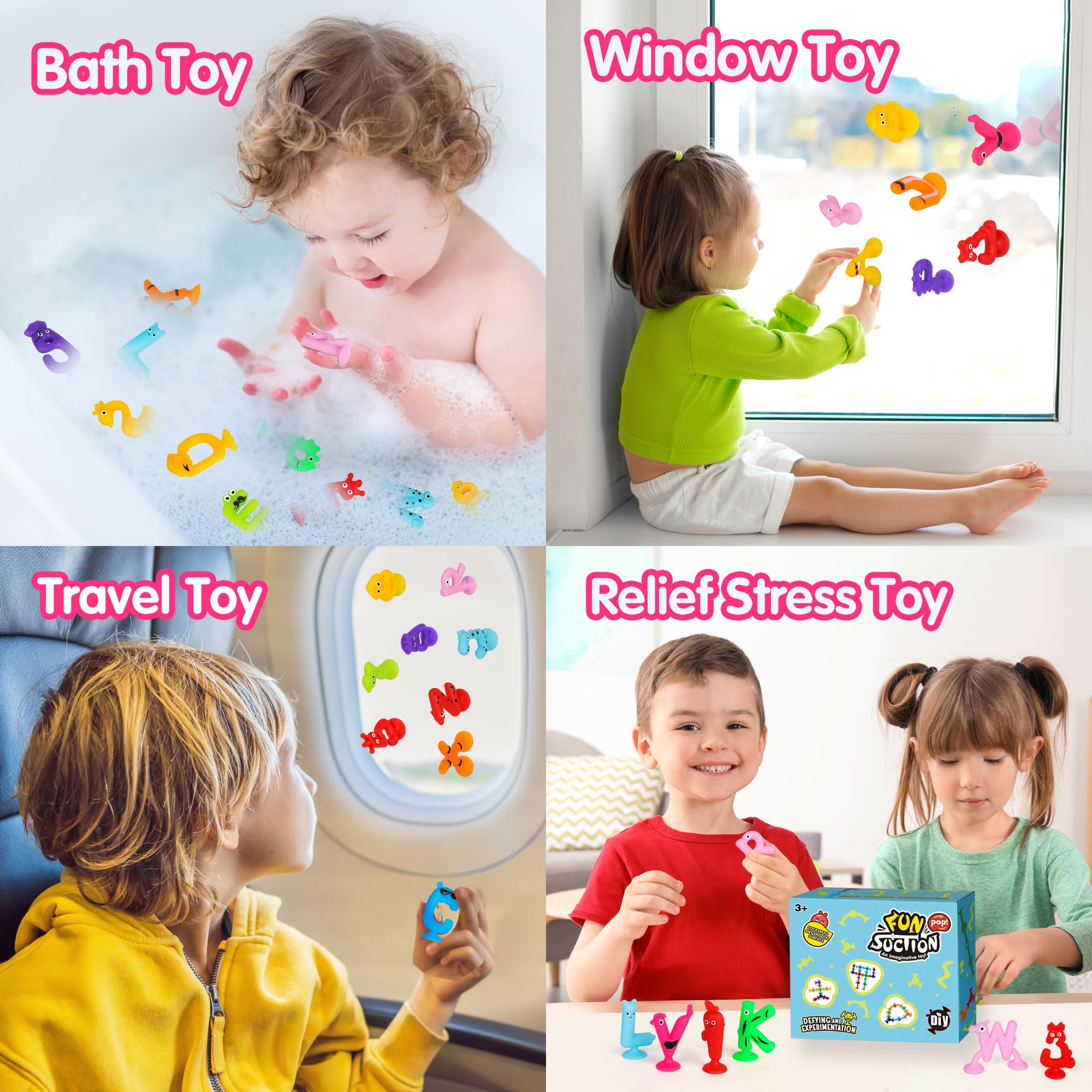 Suction Toys Kids Bath Toy for Toddler Aged 3, 30PCS Silicone Animal Alphabet Number Sucker Toy, Montessori Sensory Toy Gift for Kids Aged 4-8, Educational Spelling Fidget Toys for Autism/ADD/ADHD