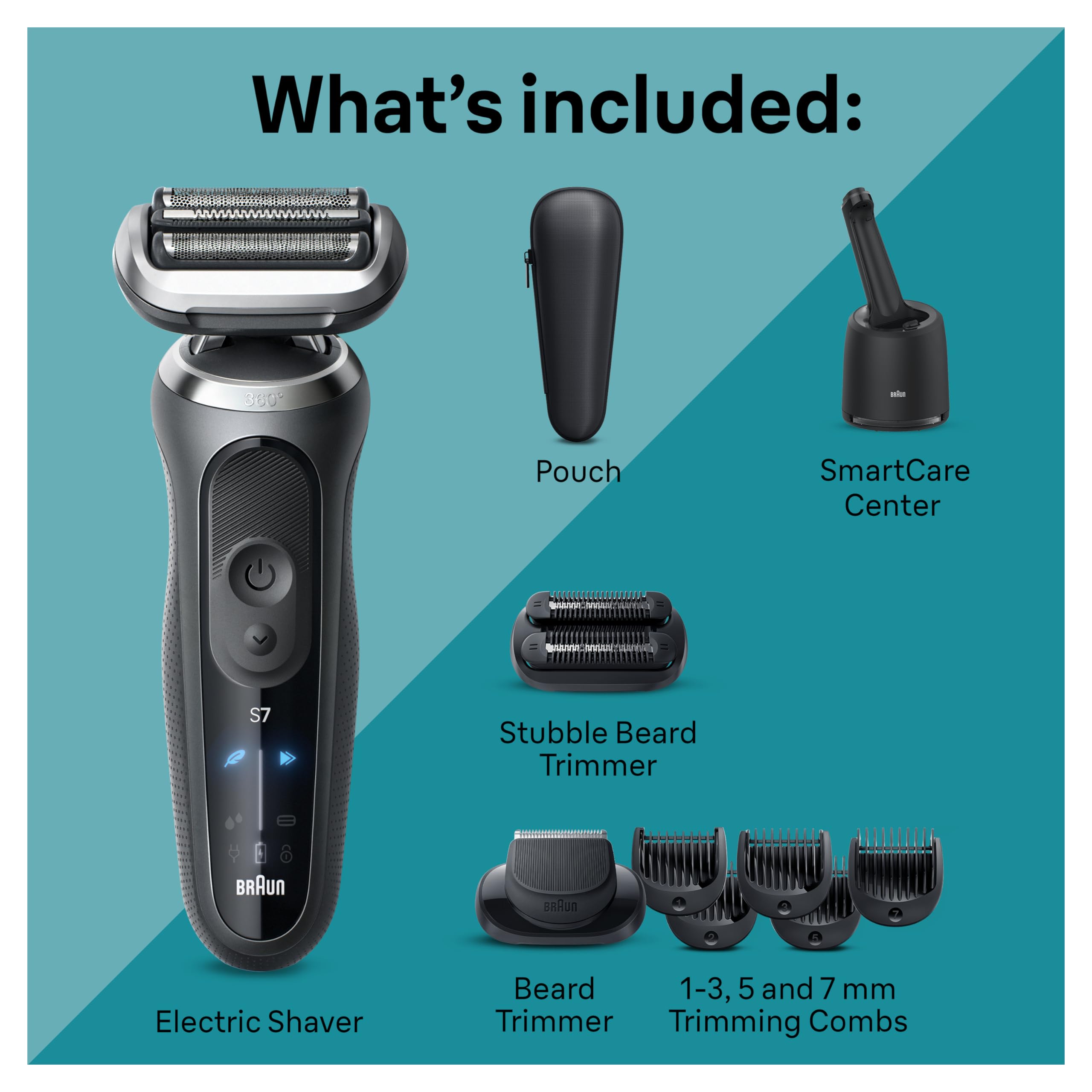 Braun Electric Shaver for Men, Series 7 7185cc, Wet & Dry Shave, Turbo & Gentle Shaving Modes, Waterproof Foil Shaver, Space Grey