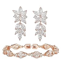 SWEETV Rose Gold Marquise Wedding Earrings and Bracelets Jewelry Set for Women Prom