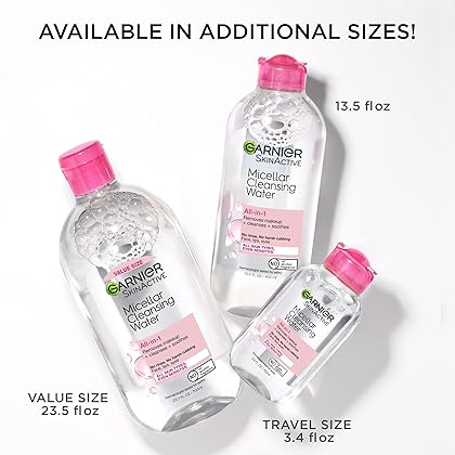 Garnier SkinActive Micellar Water for All Skin Types, Facial Cleanser & Makeup Remover, 13.5 Fl Oz (400mL), 1 Count (Packaging May Vary)