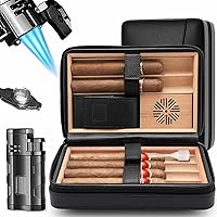 Cigar Humidor, Cigar Case Including Cigar Accessories with Cigar Lighter Cigar Holder and Cigar Punch, Black Travel Humidor Cedar Wood Leather Cigar Box