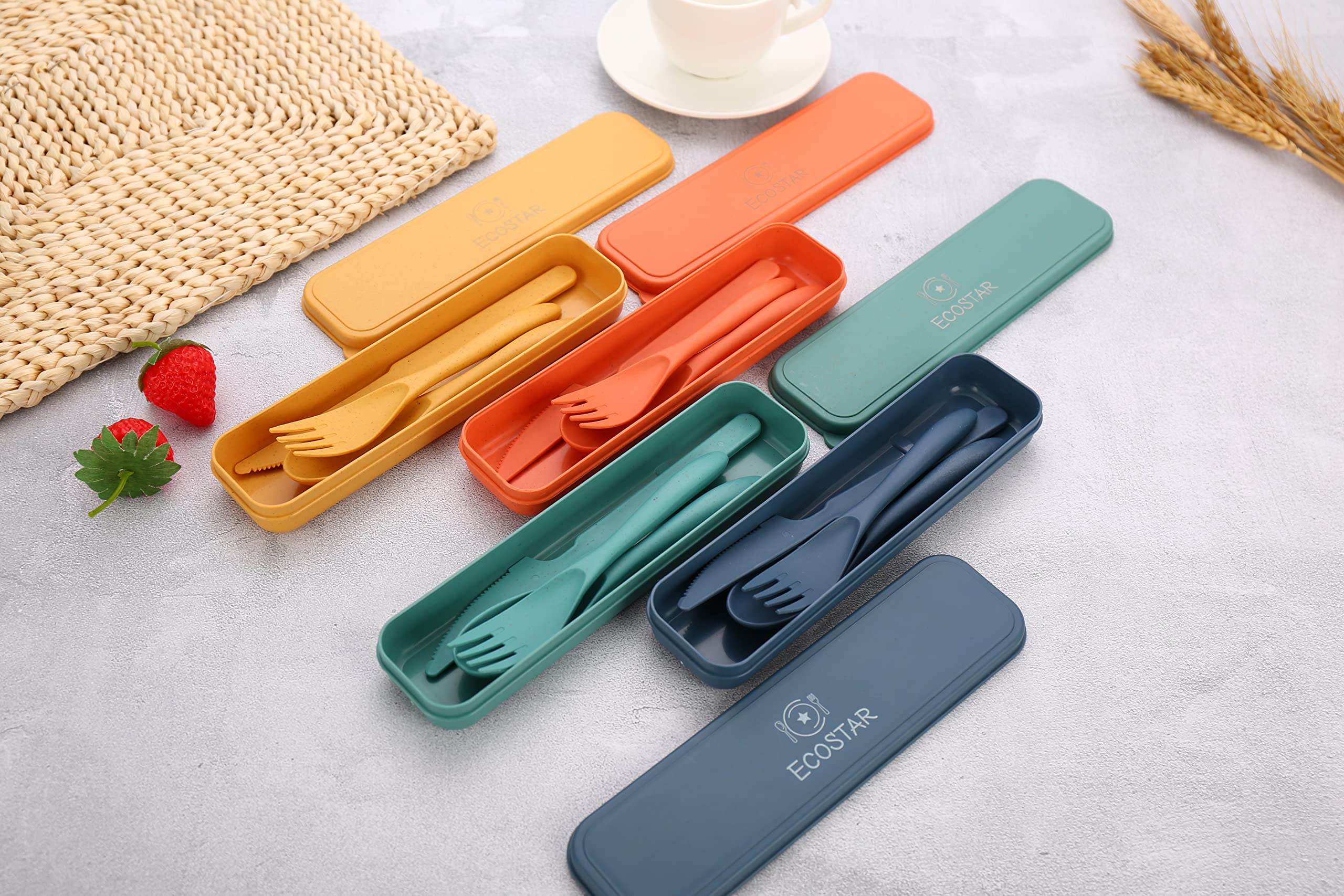 ECOSTAR Reusable Utensils set with Case, Portable Wheat Straw Cutlery Set, BPA-Free and Eco-friendly Knife Spoon Fork, Travel Utensils for Office, Dorm, and On-the-go (Coral, 4)