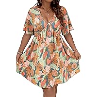 Floerns Women's Plus Size V Neck Short Sleeve Tropical Print A Line Dress