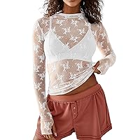 Flygo Sheer Long Sleeve Mesh Tops for Women Mock Neck See Through Floral Lace Layering Top Shirt Blouse(White-S)