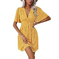 Ditsy Floral Print Plunging Neck Puff Sleeve Dress (Color : Yellow, Size : X-Large)