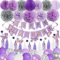 72Pcs Purple Birthday Party Decorations for Girls Women, Lavender Purple and Sliver Butterfly Party Decorations Supplies Balloons Happy Birthday Banner Circle Dots Paper Lanterns Pom Hanging Swirls