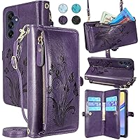 Lacass for Samsung Galaxy A15 5G Case Wallet,[Cards Theft Scan Protection] Card Holder Zipper Leather Flip Cover Crossbody Wrist Strap with Stand for Galaxy A15 Phone case(Floral Dark Purple)