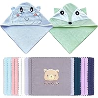 18-Piece Baby Hooded Bath Towel Rayon Derived from Bamboo and Microfiber Washcloth Sets for Infant, Toddler - Hippo, Fox