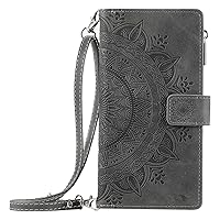 XYX Wallet Case for OnePlus 12, Crossbody Chain Zipper Pocket Wrist Totem Flowers Pu Leather Phone Case Kickstand with 8 Card Slots for OnePlus 12 5G, Grey