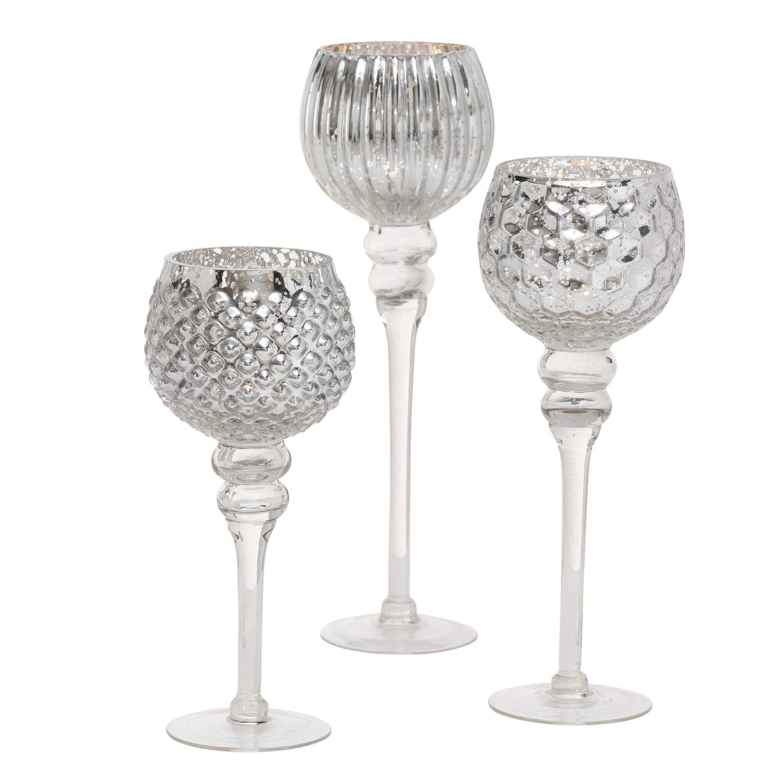 Spectacular Cape Cod Long Stem Candle Holders, 3 Pieces, Silver Mercury Glass, Mix Match Set, Proportioned at 11.75, 9.75, and 7 Inches Tall, For T...